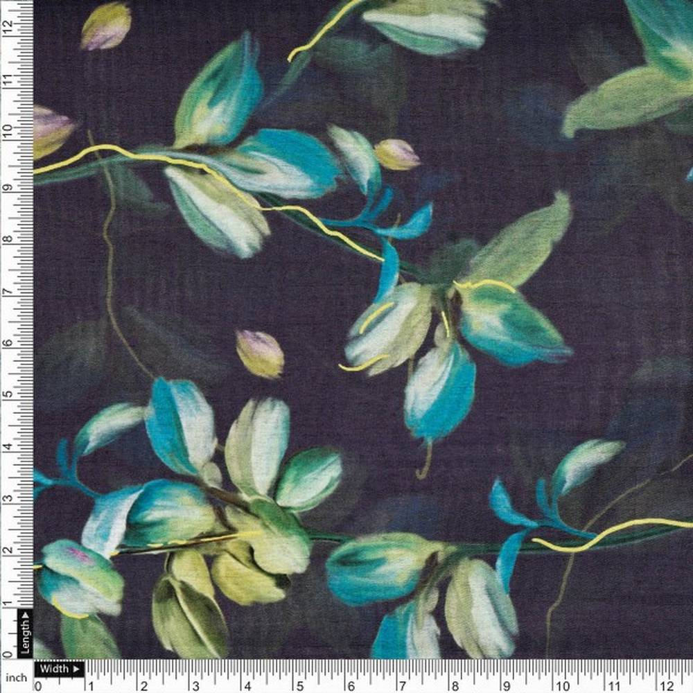 Charcoal Dola Silk Fabric with Green & Turquoise Leaf Print - Image 4
