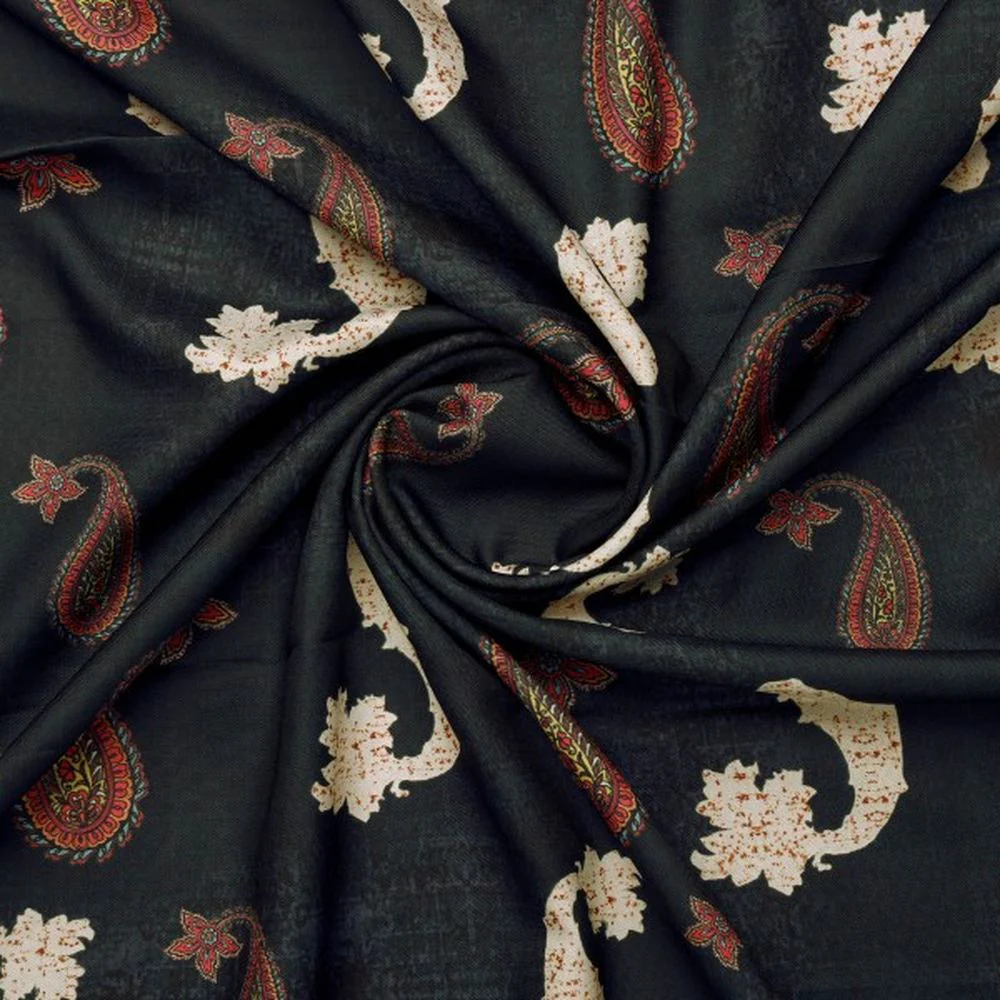 Charcoal & Red Distressed Paisley Patterned Rayon Fabric - Image 3