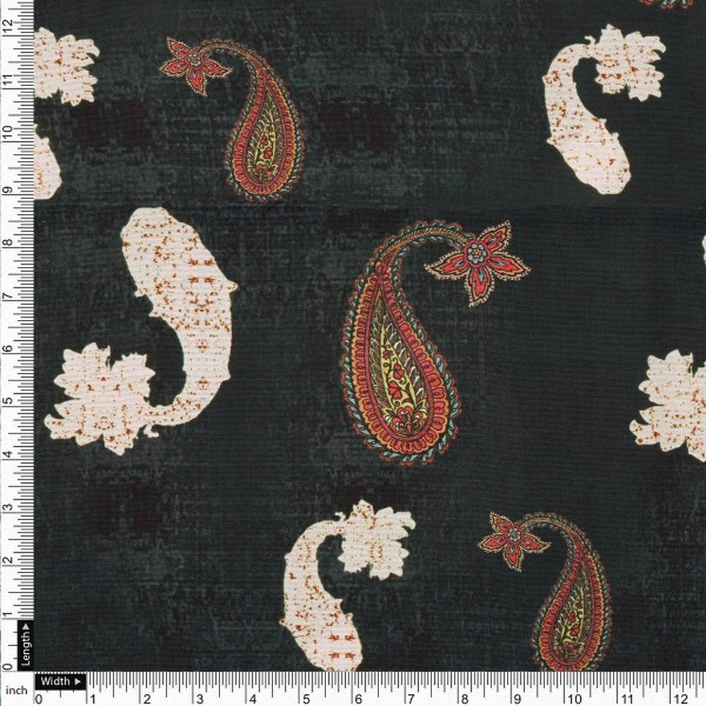 Charcoal & Red Distressed Paisley Patterned Rayon Fabric - Image 4