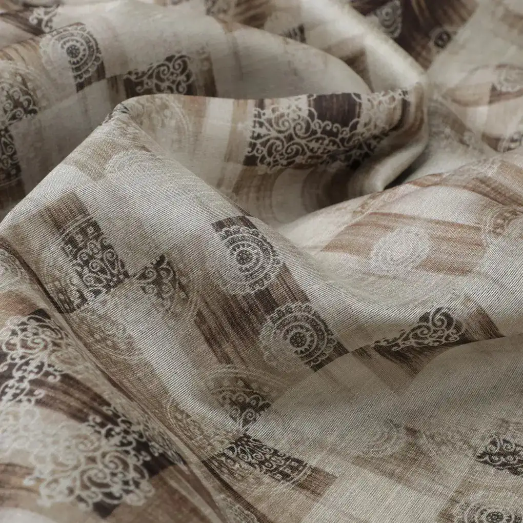 Checkered Pattern With Decorative Motifs Digital Printed Fabric - Tusser Silk - Image 3