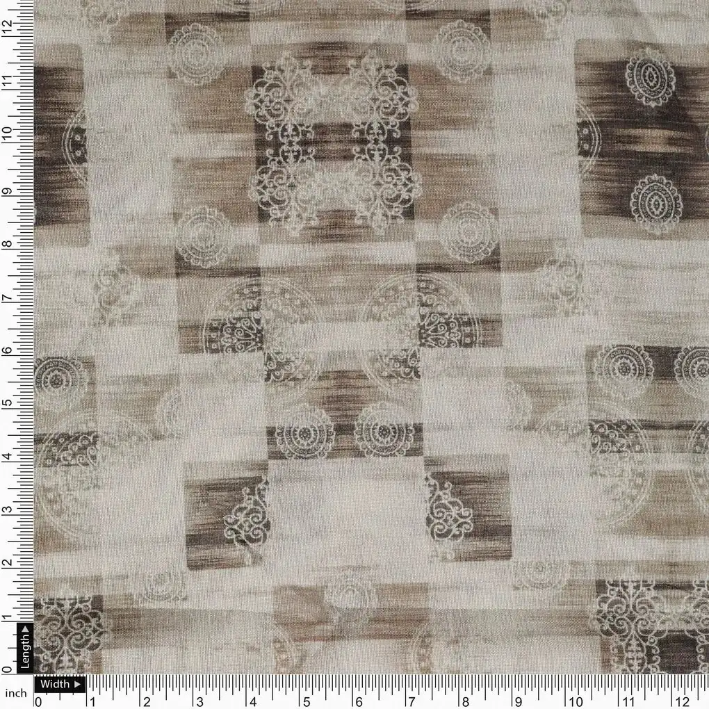 Checkered Pattern With Decorative Motifs Digital Printed Fabric - Tusser Silk - Image 4