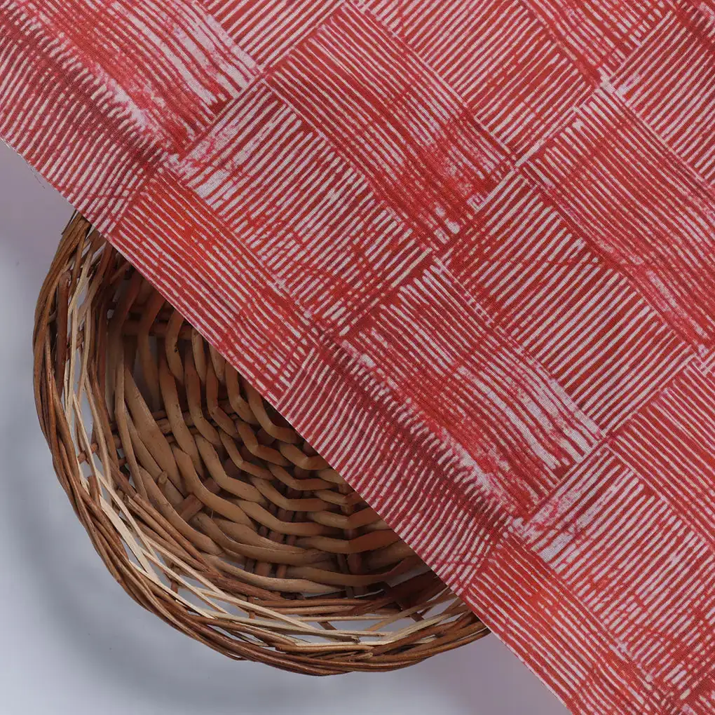 Checkes Textured Red And White Digital Printed Fabric - Muslin - Image 3