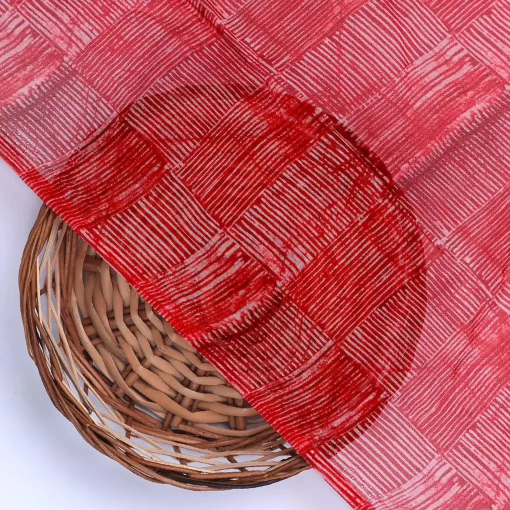 Checkes Textured Red And White Digital Printed Fabric - Pure Georgette - Image 2
