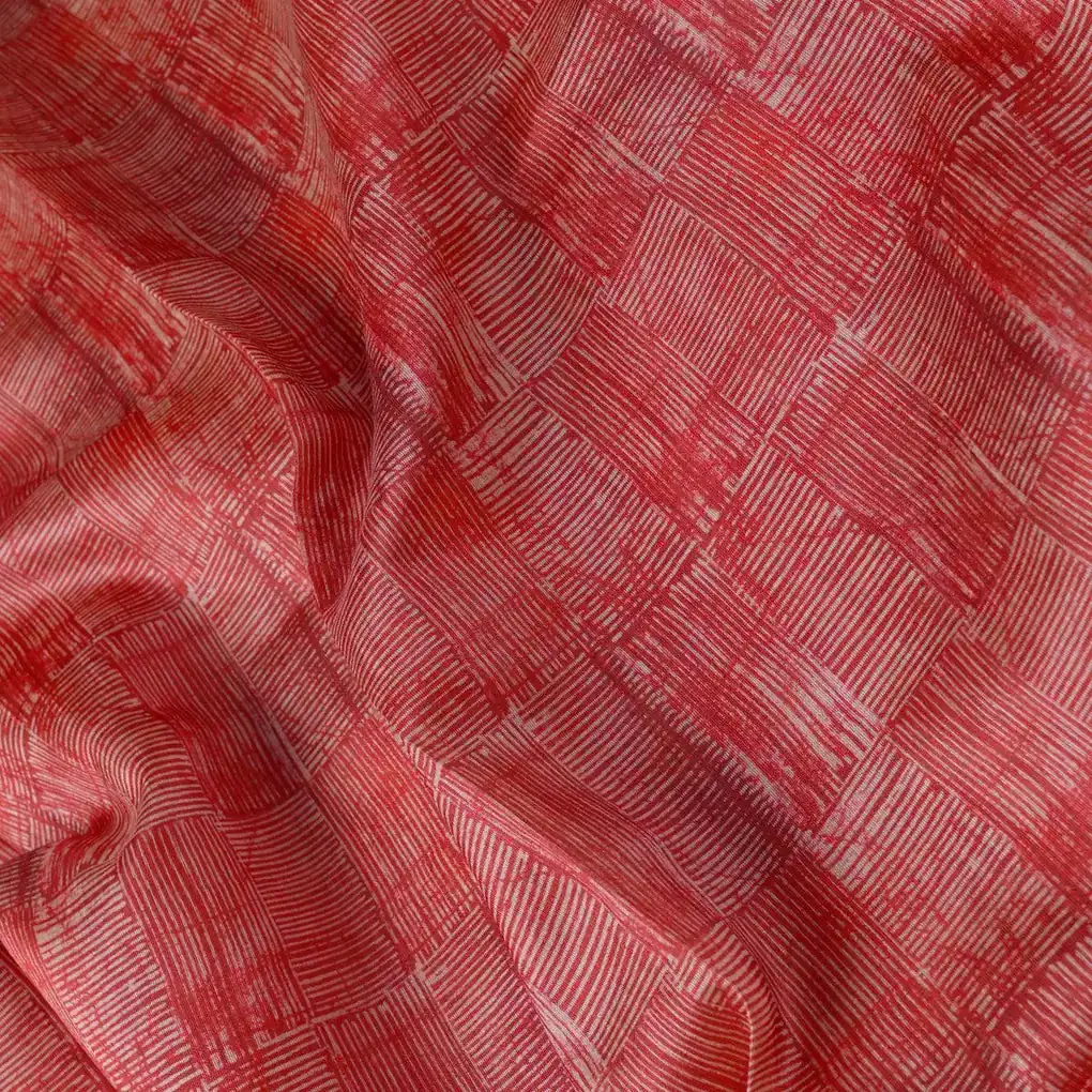 Checkes Textured Red And White Digital Printed Fabric - Tusser Silk - Image 3