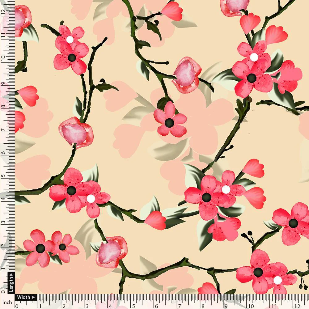 Cherry Red Flower With Branch Digital Printed Fabric - Image 4