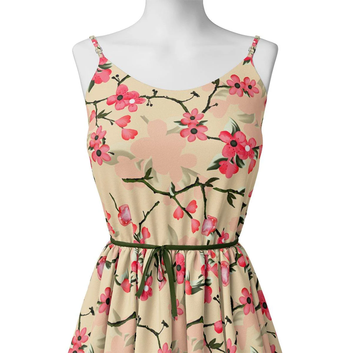 Cherry Red Flower With Branch Digital Printed Fabric  - Muslin - Image 2