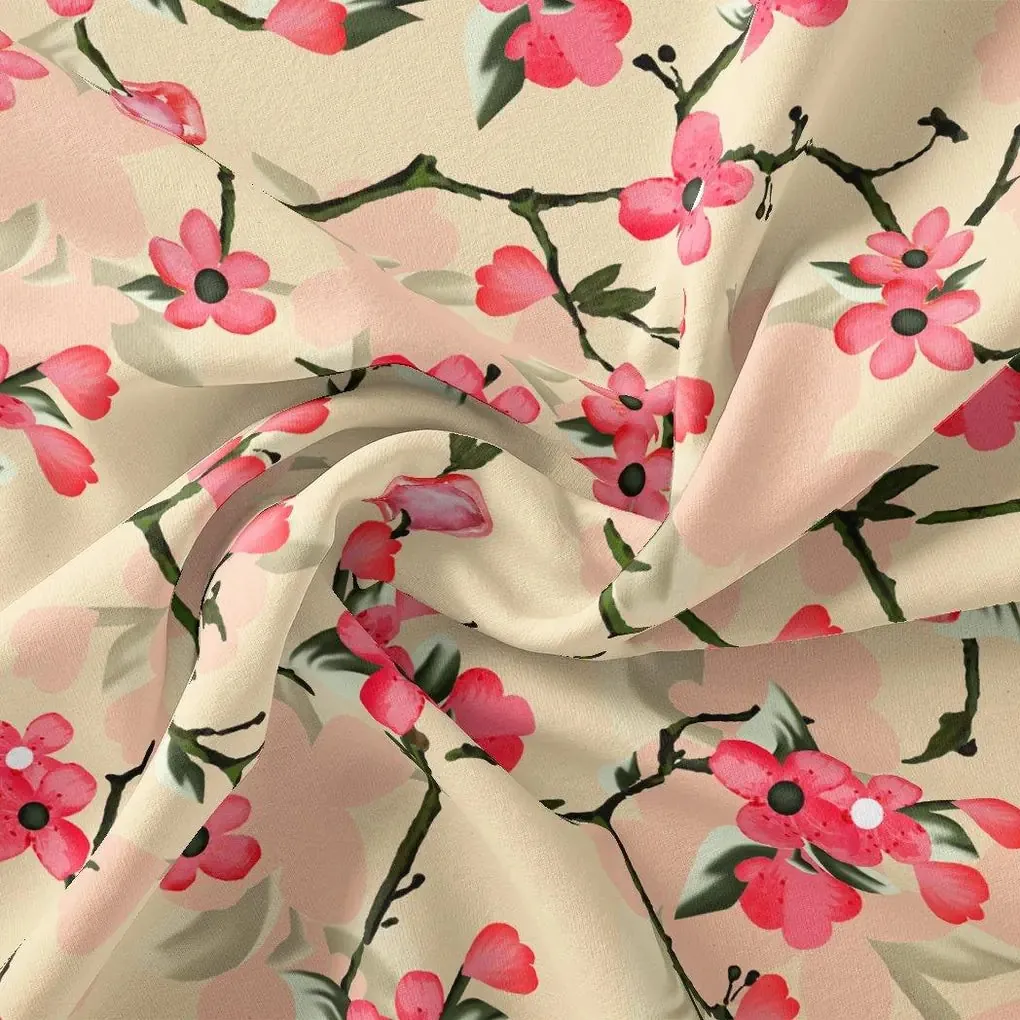 Cherry Red Flower With Branch Digital Printed Fabric  - Muslin - Image 3