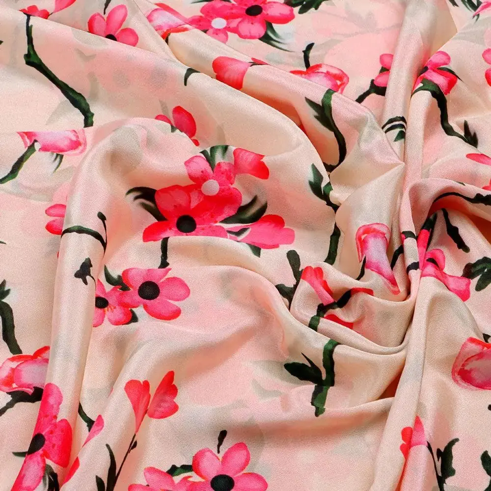 Cherry Red Flower With Branch Digital Printed Fabric  - Crepe - Image 3