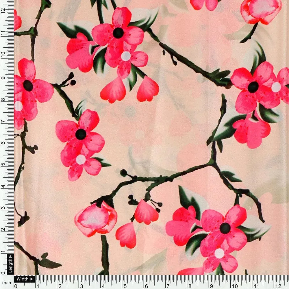 Cherry Red Flower With Branch Digital Printed Fabric  - Crepe - Image 4