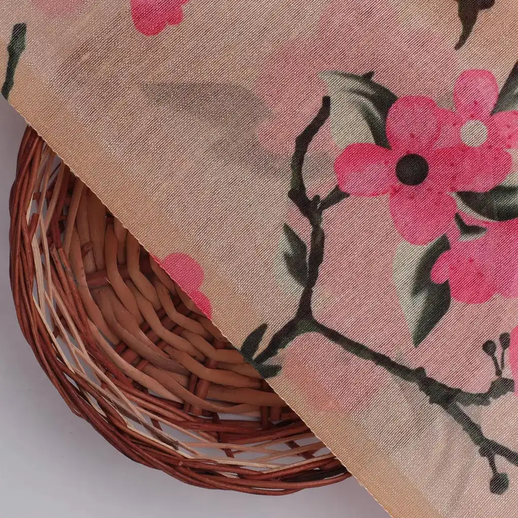 Cherry Red Flower With Branch Digital Printed Fabric  - Tusser Silk - Image 2