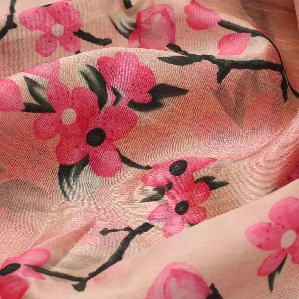 Cherry Red Flower With Branch Digital Printed Fabric  - Tusser Silk - Image 3