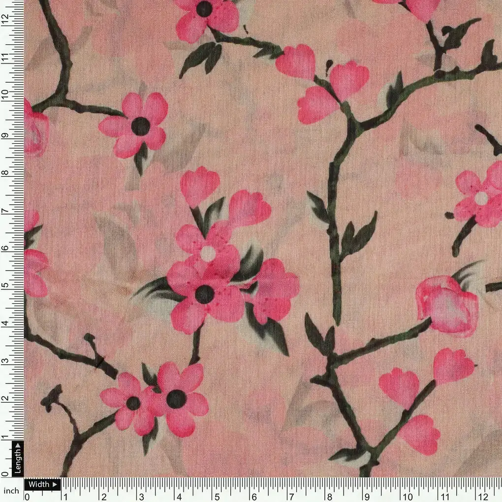 Cherry Red Flower With Branch Digital Printed Fabric  - Tusser Silk - Image 4