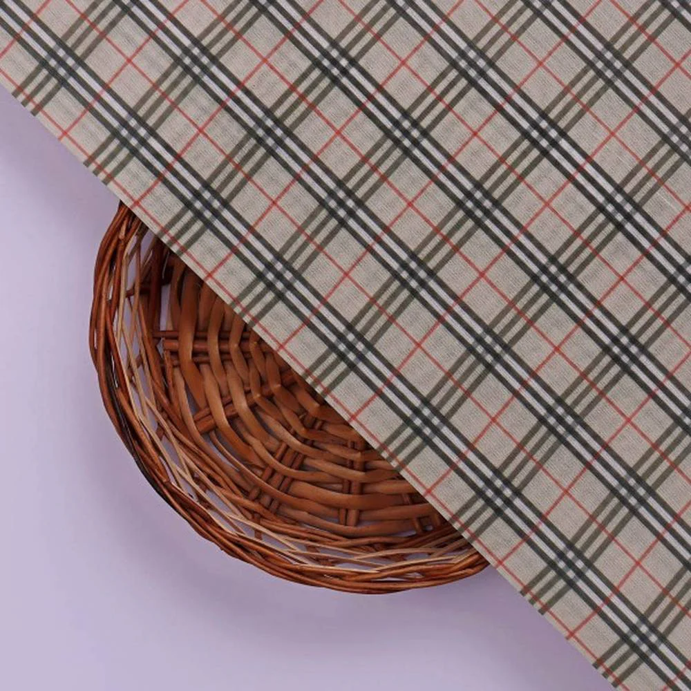 Classic Beige & Red Checkered Pattern Chanderi Fabric - Image 2