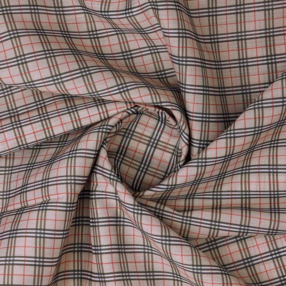 Classic Beige & Red Checkered Pattern Chanderi Fabric - Image 3