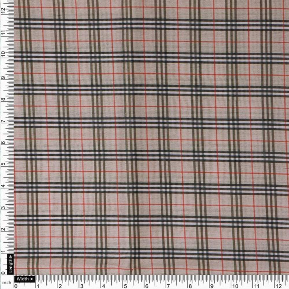 Classic Beige & Red Checkered Pattern Chanderi Fabric - Image 4