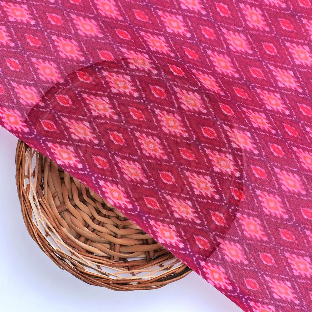 Classic Multi Pattern Ikat Pink Colour Digital Printed Fabric - Weightless - Image 2