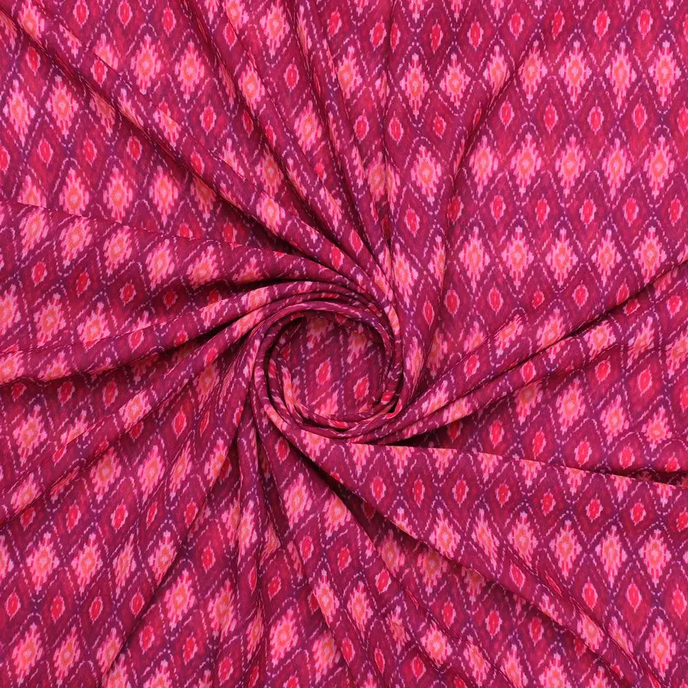 Classic Multi Pattern Ikat Pink Colour Digital Printed Fabric - Weightless - Image 3