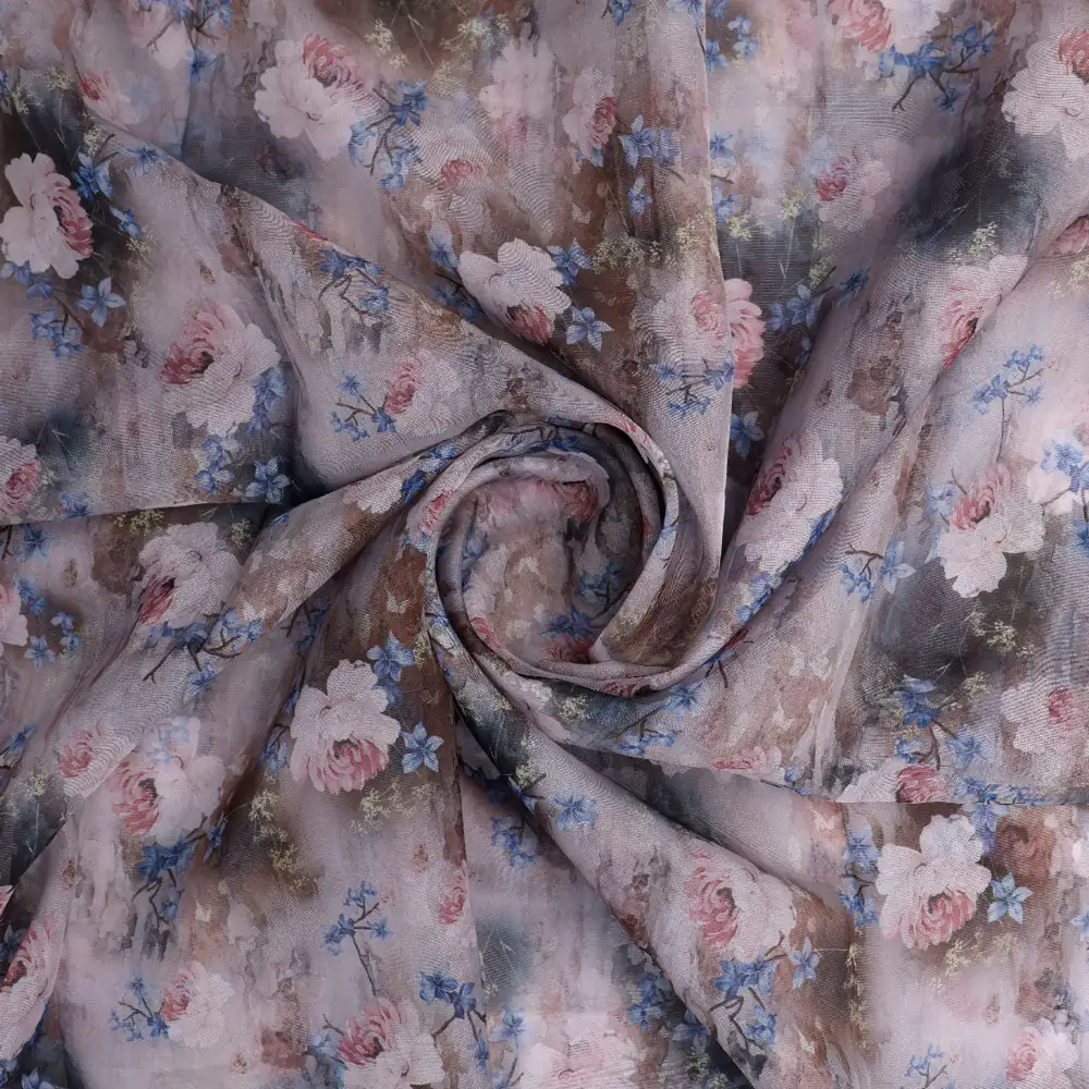 Classy and Attractive Brown Floral Digital Printed Organza Fabric - Image 2
