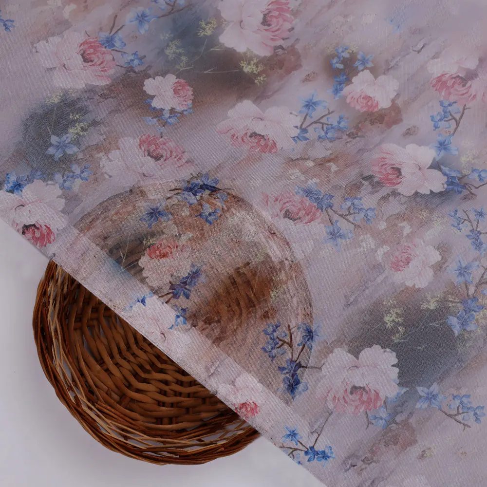 Classy and Attractive Brown Floral Digital Printed Organza Fabric - Image 3