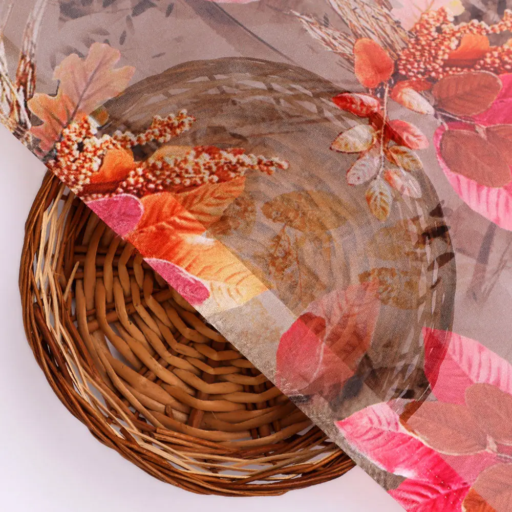 Classy and Attractive Brown Floral Digital Printed Organza Fabric - Image 3