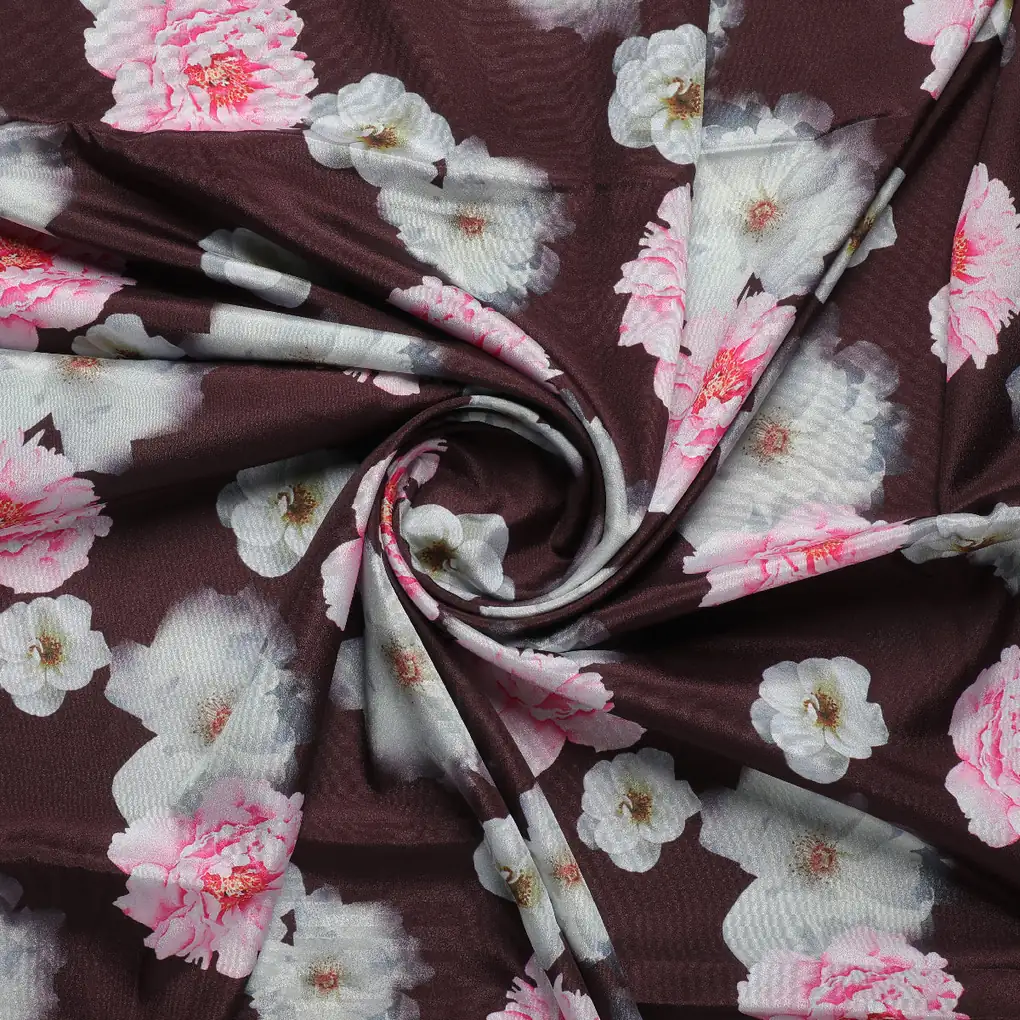 Classy and Attractive Brown Floral Digital Printed Silk Crepe Fabric - Image 2