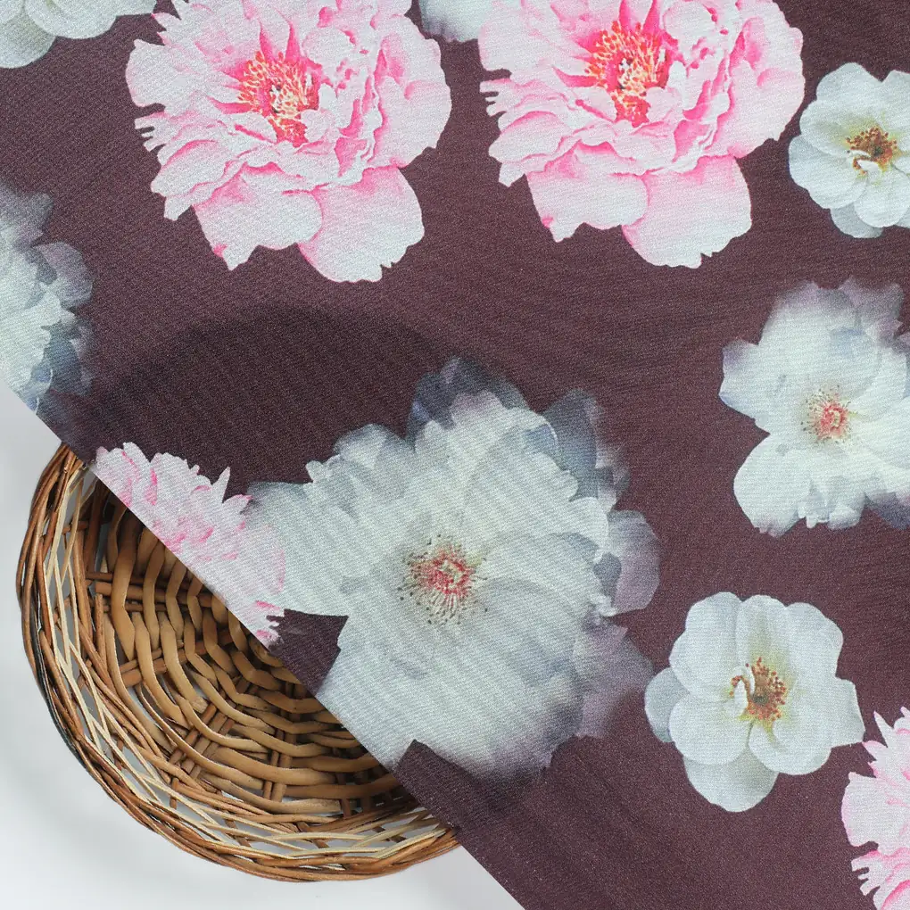Classy and Attractive Brown Floral Digital Printed Silk Crepe Fabric - Image 3