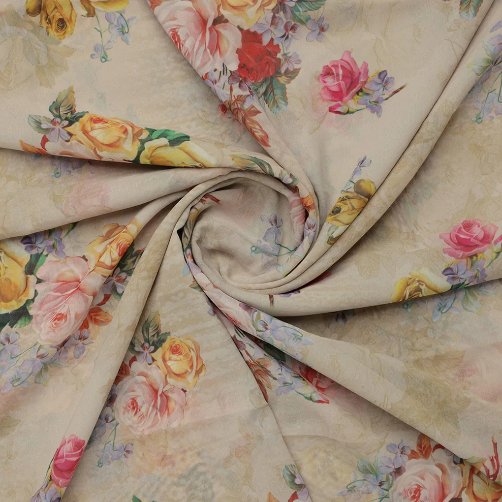Classy and elegant floral print digital printed fabric in cream by FAB VOGUE Studio - Image 2