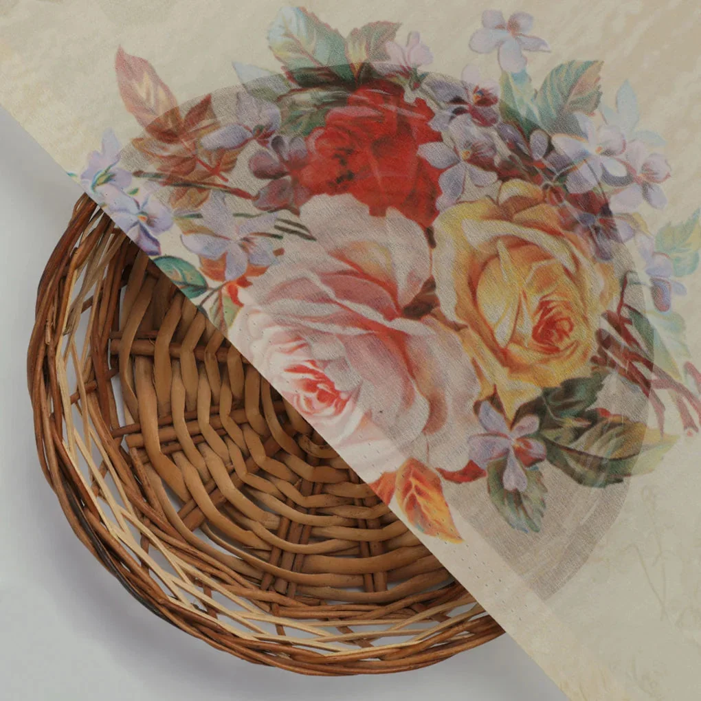 Classy and elegant floral print digital printed fabric in cream by FAB VOGUE Studio - Image 3