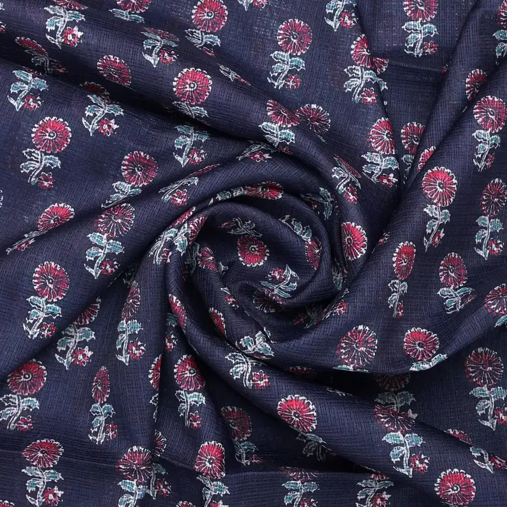 Classy Blue and Red Floral Print Kota Doria Digital Fabric Material - Image 3