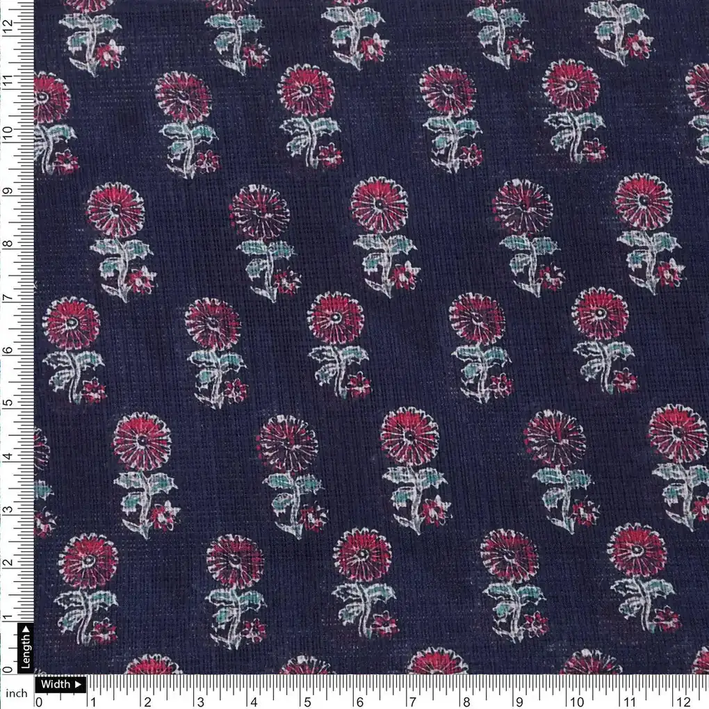 Classy Blue and Red Floral Print Kota Doria Digital Fabric Material - Image 4