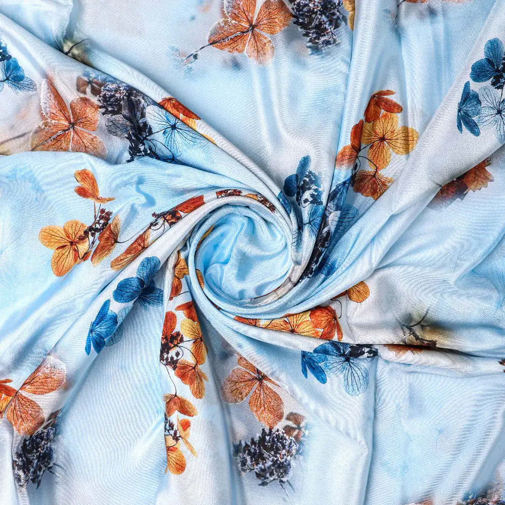 Classy Blue Floral Digital Printed Silk Crepe Fabric - Image 2