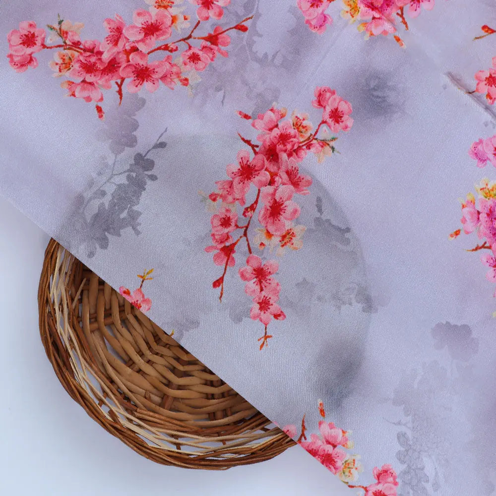 Classy digital printed fabric in natural crepe with gray ditsy pattern - Image 2