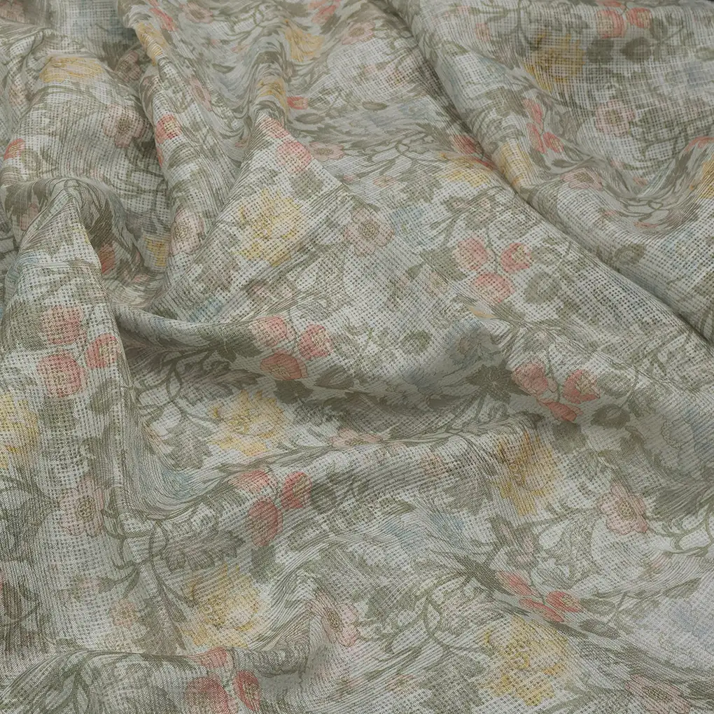 Classy Floral Velly Kota Doria Fabric Material with Decorative Leaves - Image 3