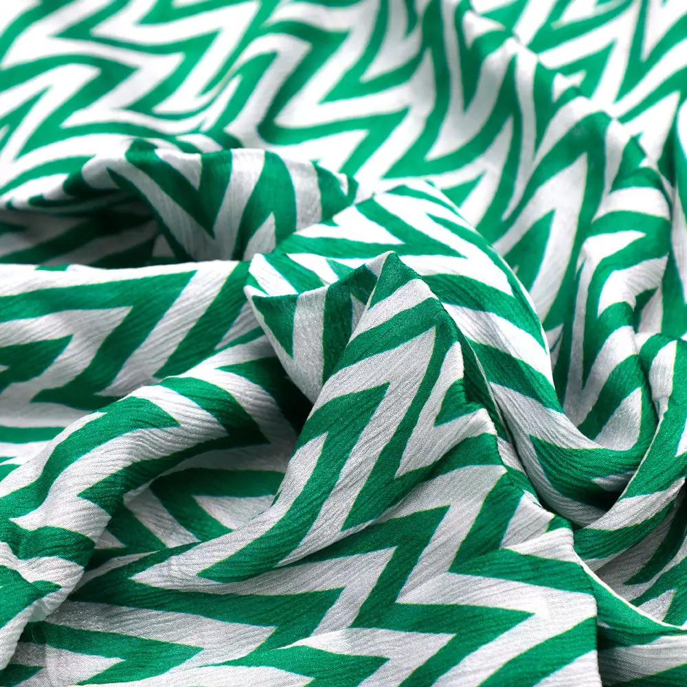Classy Green and White Zigzag Digital Printed Pure Chinon Fabric - Image 2