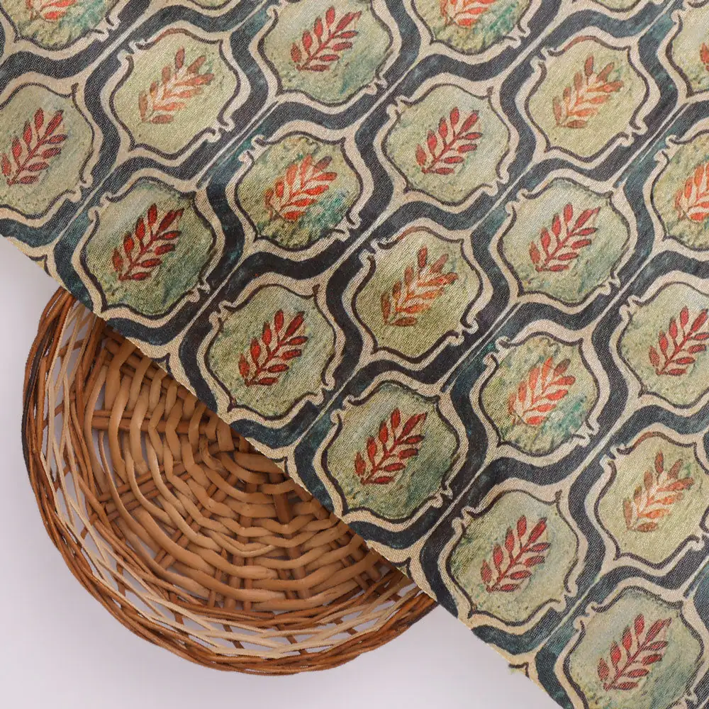 Classy Green Ogee Digital Printed Tussar Silk Fabric - Image 3