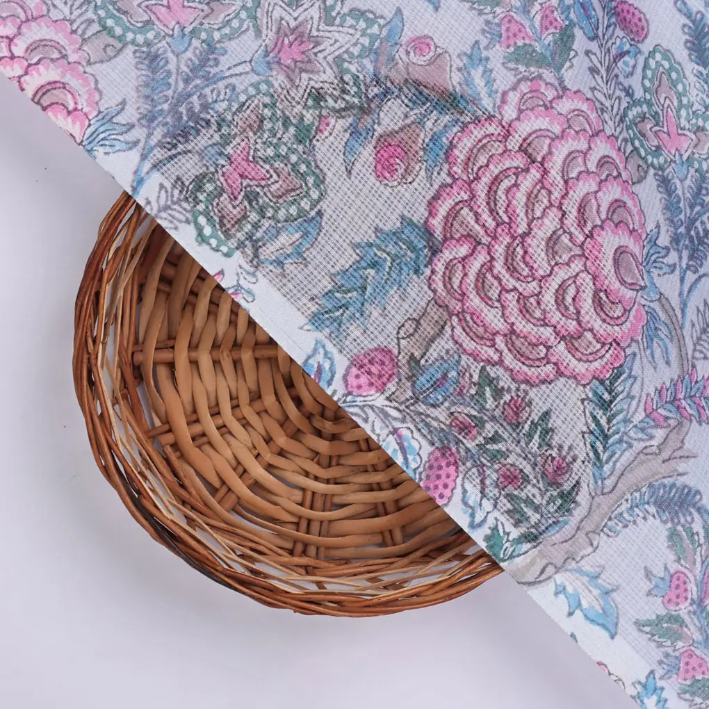 Classy Kota Doria Digital Print Fabric in Green and Pink - Image 2
