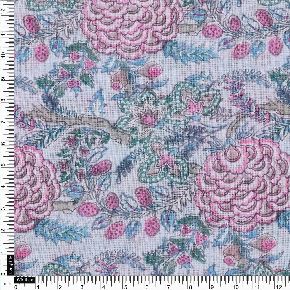 Classy Kota Doria Digital Print Fabric in Green and Pink - Image 3