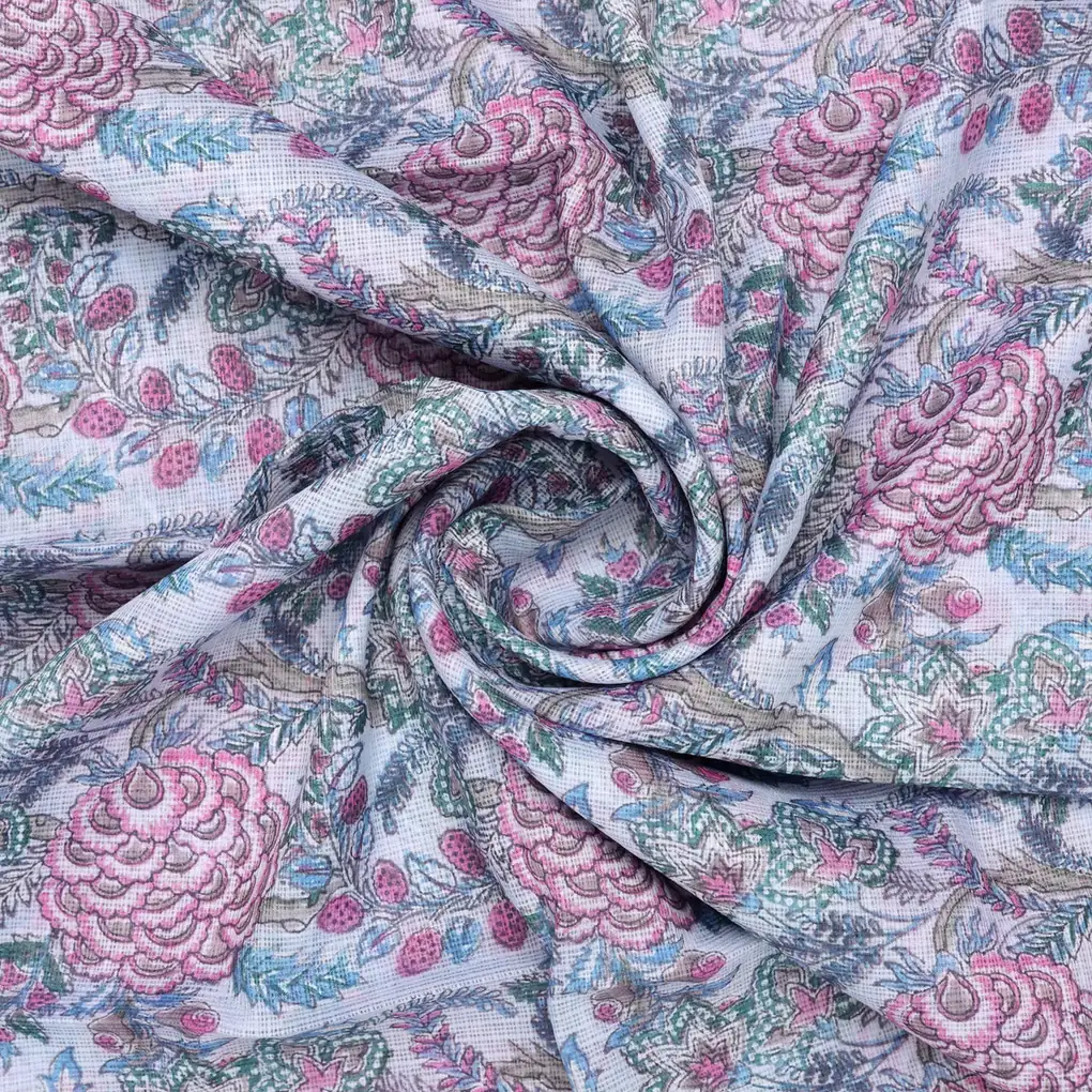 Classy Kota Doria Digital Print Fabric in Green and Pink - Image 4