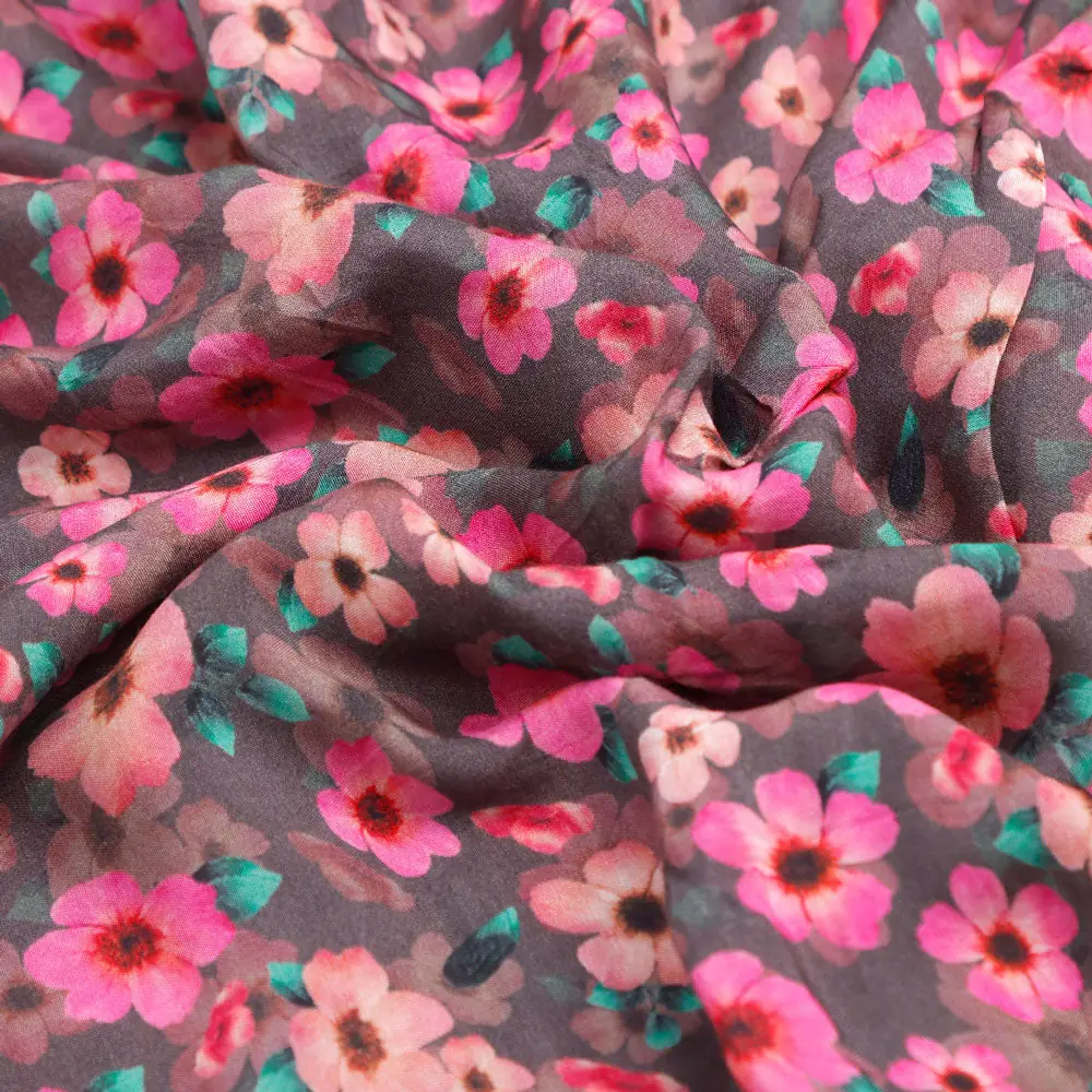 Classy Pink and Gray Floral Pure Muslin Digital Printed Fabric - Image 2