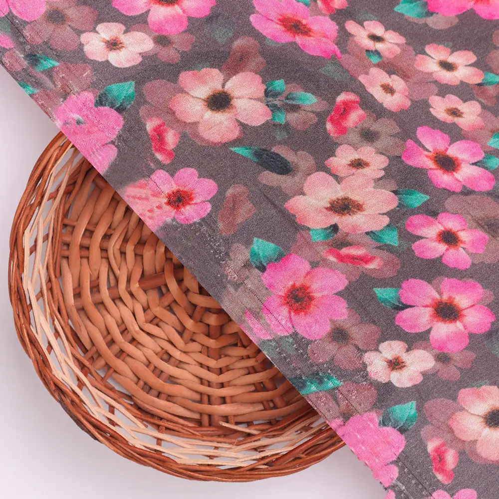 Classy Pink and Gray Floral Pure Muslin Digital Printed Fabric - Image 3