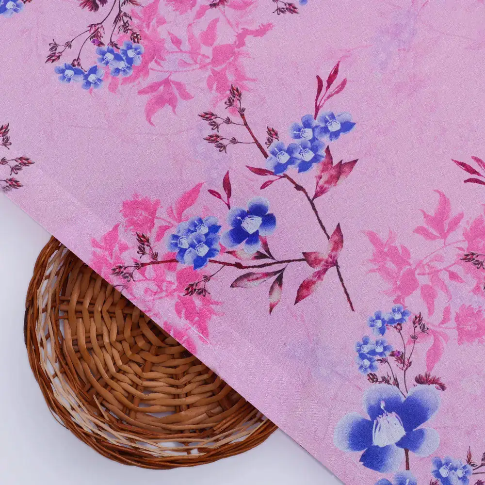 Classy Pink Floral Digital Printed Silk Crepe Fabric - Image 3