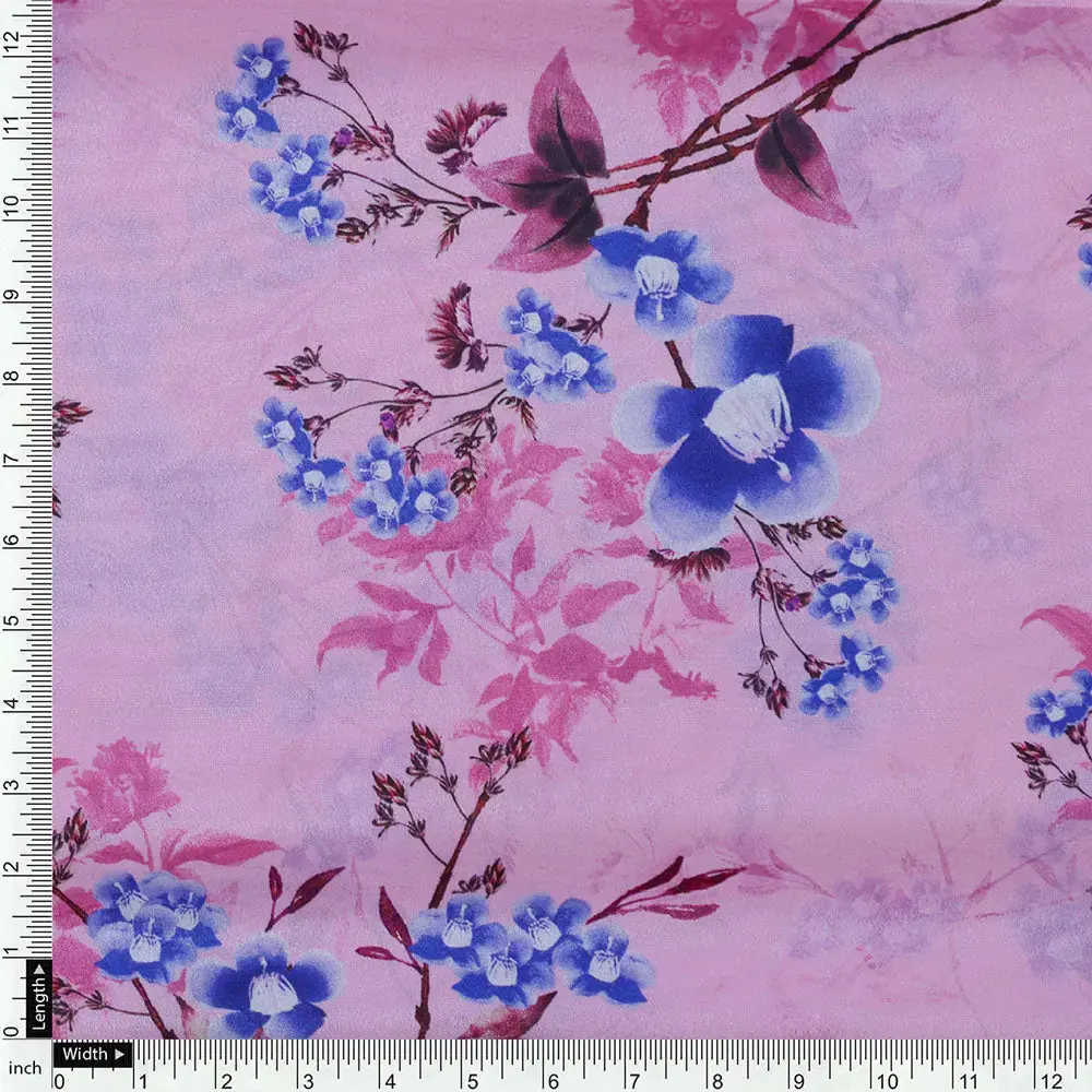 Classy Pink Floral Digital Printed Silk Crepe Fabric - Image 4