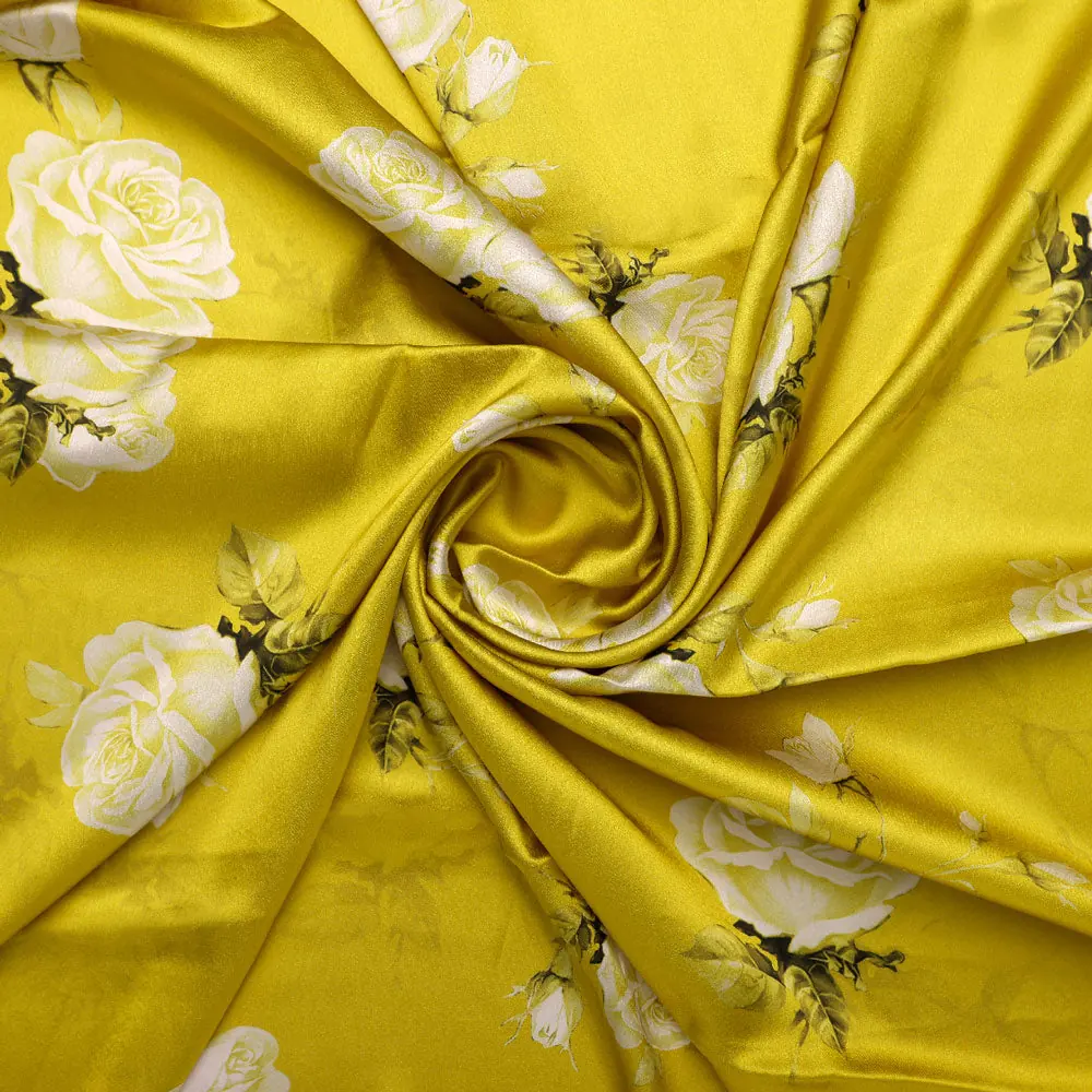 Classy Yellow Floral Digital Printed Japan Satin Fabric - Image 2