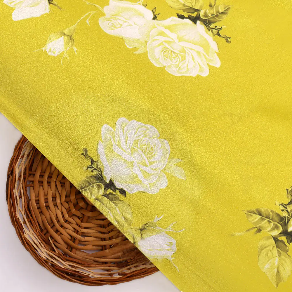 Classy Yellow Floral Digital Printed Japan Satin Fabric - Image 3