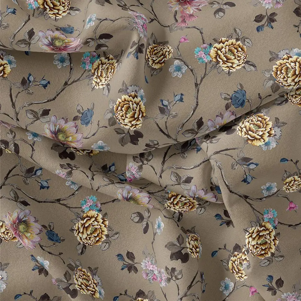 Coffee Grey Flower With Branch Digital Printed Fabric - Image 3