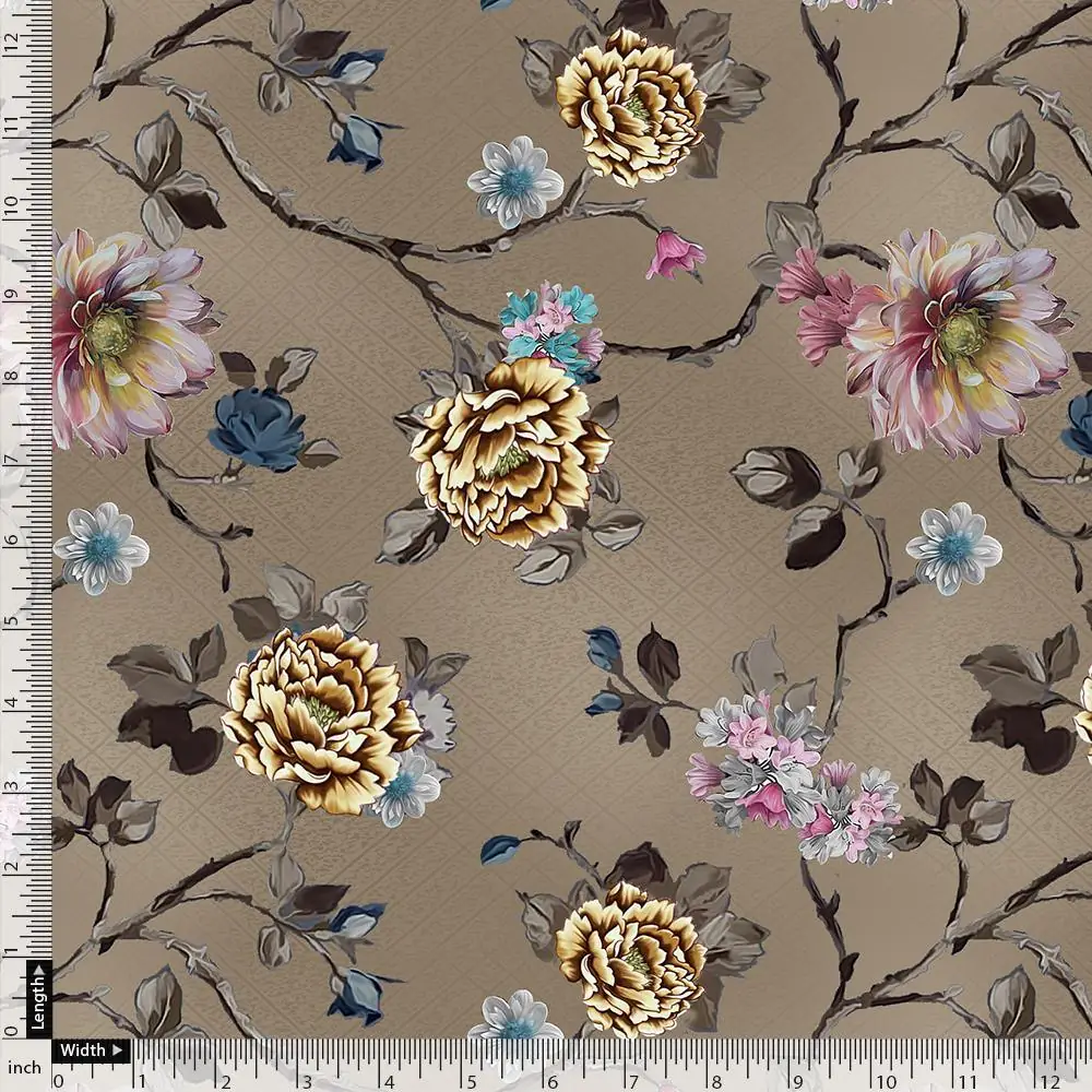 Coffee Grey Flower With Branch Digital Printed Fabric - Image 4