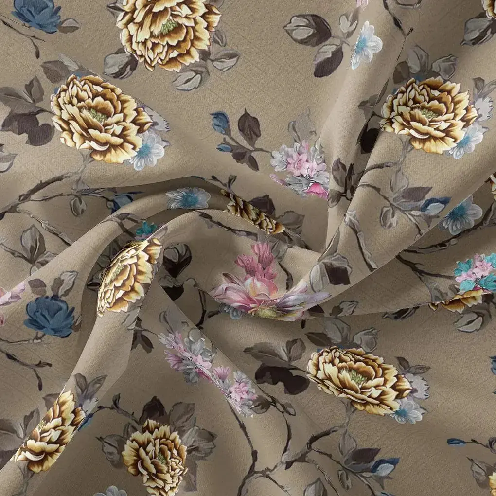 Coffee Grey Flower With Branch Digital Printed Fabric  - Japan Satin - Image 3