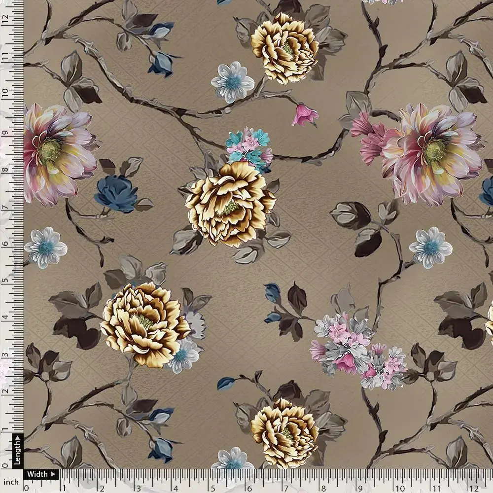 Coffee Grey Flower With Branch Digital Printed Fabric  - Crepe - Image 4