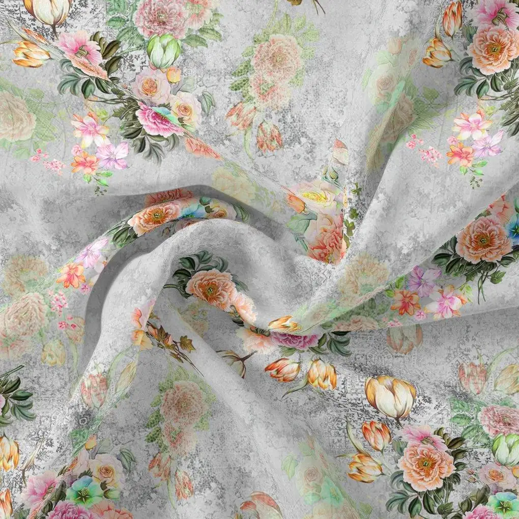 Colico Blue Rose With Purple Digital Printed Fabric - Kora Silk - Image 3
