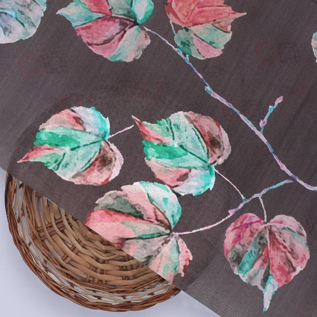 Colourful Floating Leaves Digital Printed Fabric - Poly Muslin - Image 2